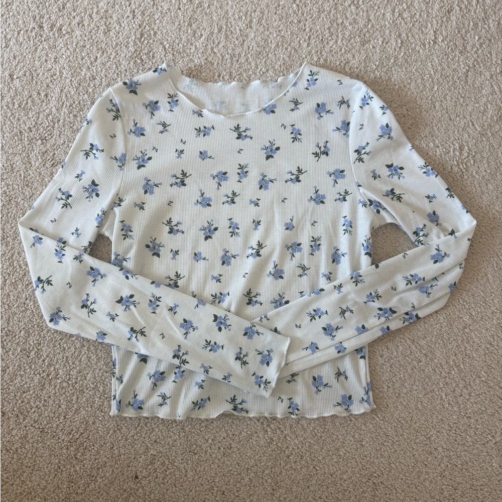 SHEIN White and Blue Floral Ribbed Long Sleeve